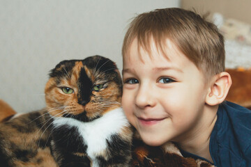 A child with a cat