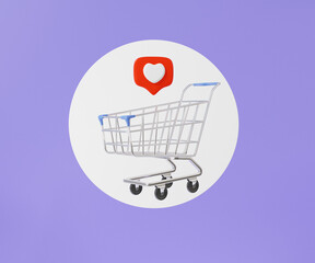 Heart message with shopping cart floating on purple background. online shopping buying concept. discount, promotion, sale, banner, website. 3d render illustration