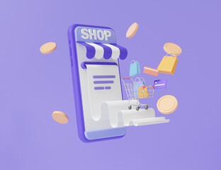 Online payments coin floating with mobile phone, transfer exchange shopping cart online concept. pay money via app Internet banking on purple background. cartoon minimal. 3d render illustration
