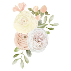 Watercolor bouquet with peony, roses, pink anemone and leaves, summer design for wedding invitation, logo, etc 