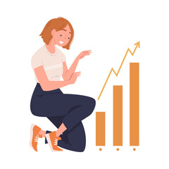 Woman Character Working Sitting Near Chart with Growing Bars Vector Illustration