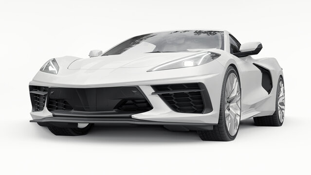 Dallas. USA. July 31, 2021. Chevrolet Corvette C8. Super sports car on a white background. 3d illustration
