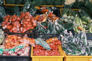 Assorted colorful fresh vegetables on display for sale at Cameron Highlands in Pahang, Malaysia.
