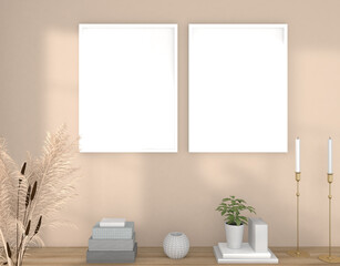 Mock up 2 white picture frames on the wall, 3d rendering, 3d illustration