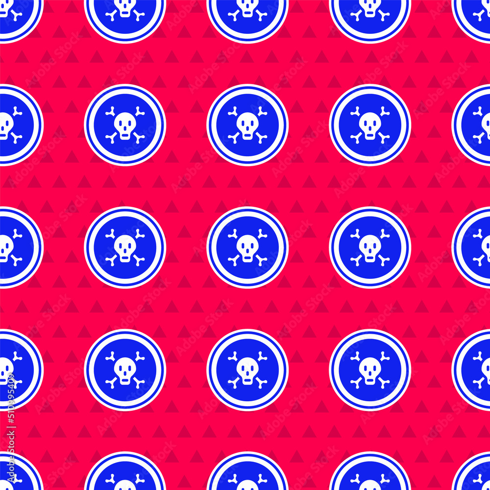 Poster blue bones and skull as a sign of toxicity warning icon isolated seamless pattern on red background.