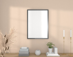 Mock up grey picture frames on the wall, 3d rendering, 3d illustration