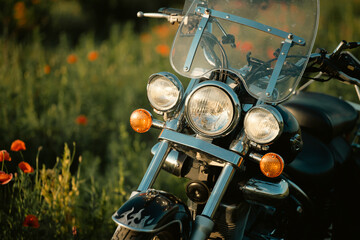 Detail of vintage motorcycle in sunset