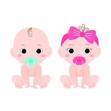 Baby with pacifiers sit on a white background. Vector illustration of cute twins boy and girl in childish cartoon style.