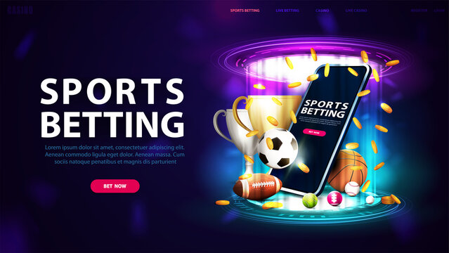 Sports Betting, Banner For Website With Button, Smartphone, Champion Cups, Falling Gold Coins, Sport Balls And Hologram Of Digital Rings In Dark Empty Scene