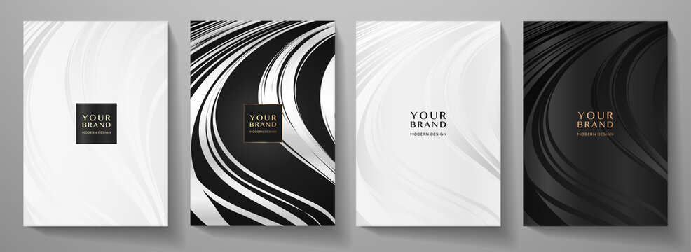 Premium cover design set. Wavy background with line pattern (wavy curves). Luxury vector in black, silver, white colours for business background, sport brochure template, planner, flyer a4, music post
