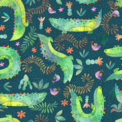 Watercolor joyful tropical seamless pattern, crocodile and bird cute jungle background - 510996002