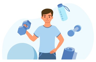 A young man or boy with dumbbells, yoga mat, boll and bottle of water. Fitness sport lifestyle concept. Vector illustration for website, banner or flyer design. - obrazy, fototapety, plakaty