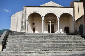 The facade of a church in Teggiano, a medieval village in the mountains of Salerno province, Italy.