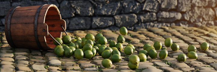 limes, juicy citrus fruits  rolling out of a wooden bucket, background banner format