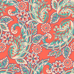 Materiał do szycia Seamless Paisley pattern in indian batik style. Floral vector illustration