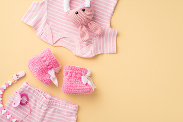 Baby concept. Top view photo of infant clothes pink shirt panties booties pacifier chain and...