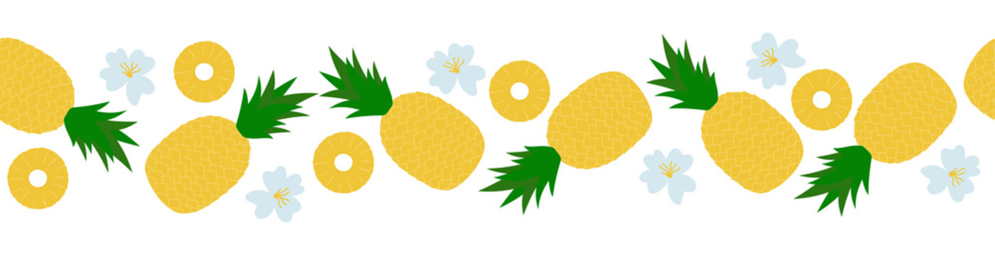  Pineapple Seamless Border. Cartoon Whole Fruit, Slices And Flowers On White Background