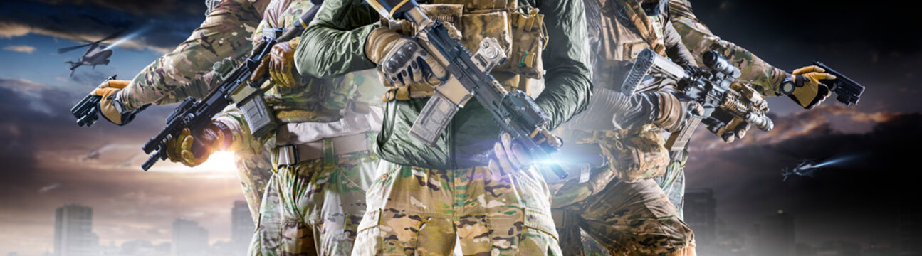 Soldier special forces on a futuristic background. Military concept of the future.