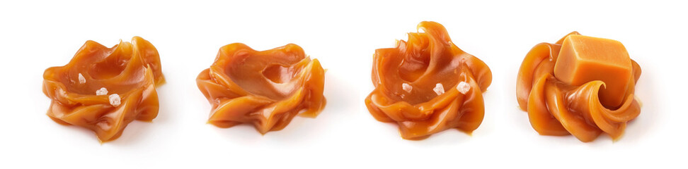 Collection of soft caramel swirls. Melted caramel isolated on white background. Set of caramel.