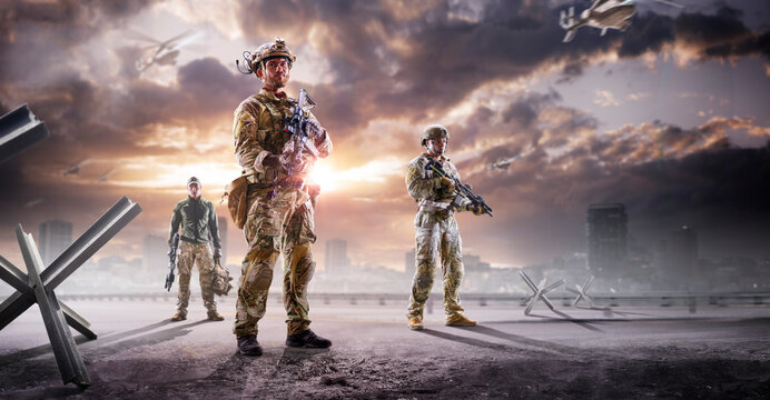 Soldier special forces on a futuristic background. Military concept of the future.