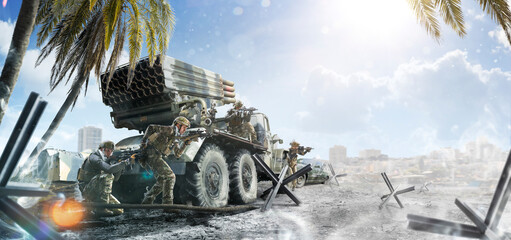 Soldier special forces on a futuristic background. Military concept of the future.