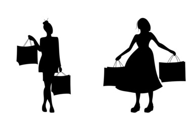 Happy girls gone shopping silhouette set. Vector illustration.