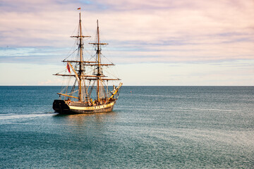 Fototapeta na wymiar Vintage Wooden Ship off the Cornish Coast 