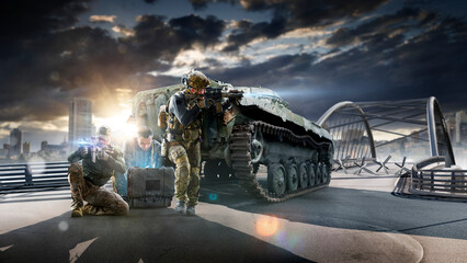 Soldier special forces on a futuristic background. Military concept of the future.