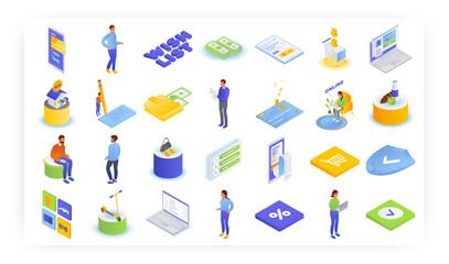 Fototapeta premium Online shopping, vector isometric icon set. People buying groceries, clothing, adding favorite things to wish list.