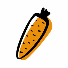 Doodle ripe carrot. Hand-drawn fresh natural vegetable isolated on white background. Orange symbol of healthy vegetarian food, diet, vitamins, delicious snack, organic plant. Vector food illustration