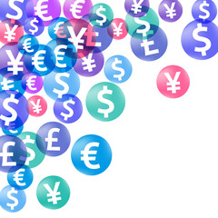 Euro dollar pound yen circle symbols scatter currency vector background. Investment pattern.