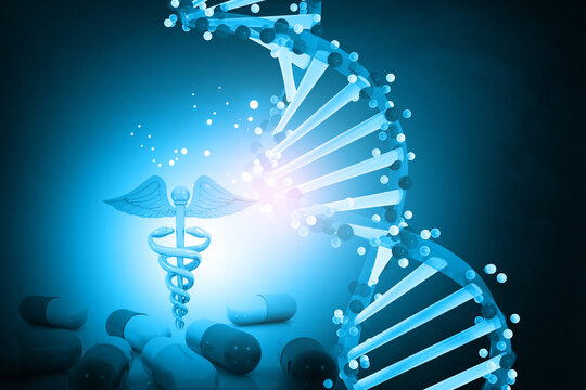 DNA strand with medical symbol. Medical background. 3d illustration