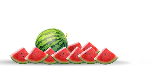 Watermelon. Composition of sliced watermelon slices on a light background, banner, postcard.