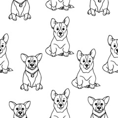 Seamless pattern of corgi breed dog puppies on a white background.Vector pattern in doodle style.It can be used in textiles, wrappers, phone cases.