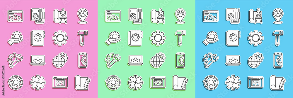 Poster set line graphing paper and pencil, setting on smartphone, hammer, compass, user manual, settings th