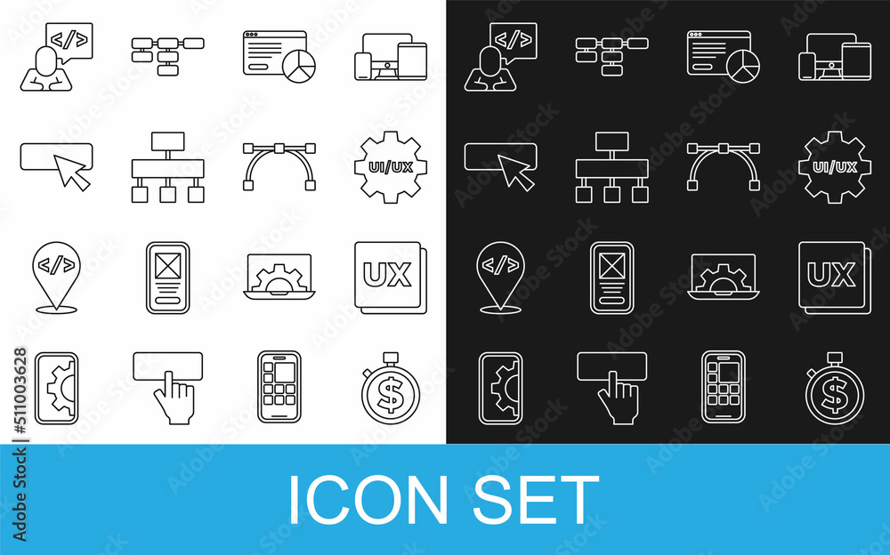 Poster set line time is money, ui or ux design, website statistic, site map, front end development and bezi
