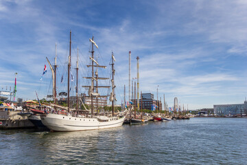 Fototapeta na wymiar Tall ships at the quay during Kieler Woche festival in Kiel, Germany