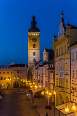 Fototapeta na wymiar Historic buildings at the blue hour evening light in Ceske Budejovice, Czech Republic