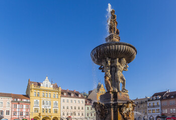 Historic fountain on the maket square of Ceske Budejovice, Czech Republic