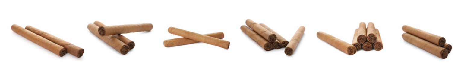 Set of cigars wrapped in tobacco leaves on white background. Banner design