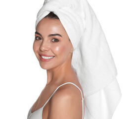Beautiful young woman with towel on head against white background