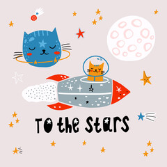 Cute cat in space print. Childish vector illustration in scandinavian style. Perfect for kids and baby apparel design, wall art, poster