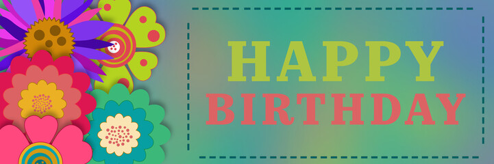 Happy Birthday Flowers Arrangement Left Turquoise Muted Gradient 