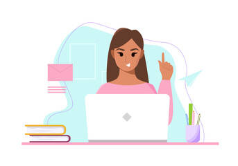 Got it. Young woman working on laptop. Time or project management. Female cartoon character. Vector cute Illustration.