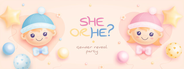 He or she. Cartoon gender reveal invitation template. Horizontal banner with realistic helium balloons. Vector illustration