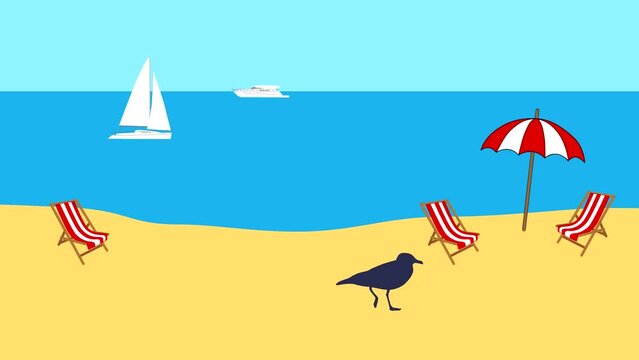 Summer beach: animation with walking seagull, jumping dolphin and boats in the sea (seamless loop)
