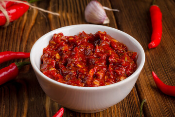 Hot sauce made of red chili peppers. Harissa sauce