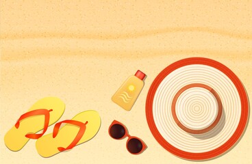 Summer hat, sunglasses, sun protection, flip-flops on sand. Top view. Beach holiday concept. Vector illustration