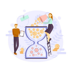 Productivity vector illustration. Hourglass. Effective time management elements for your design. Planning tasks, activities, schedules, working time. Characters people at work.