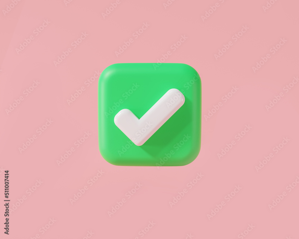 Wall mural 3d green check mark icon in a square isolated on pink background. tick symbol in green color, like, 